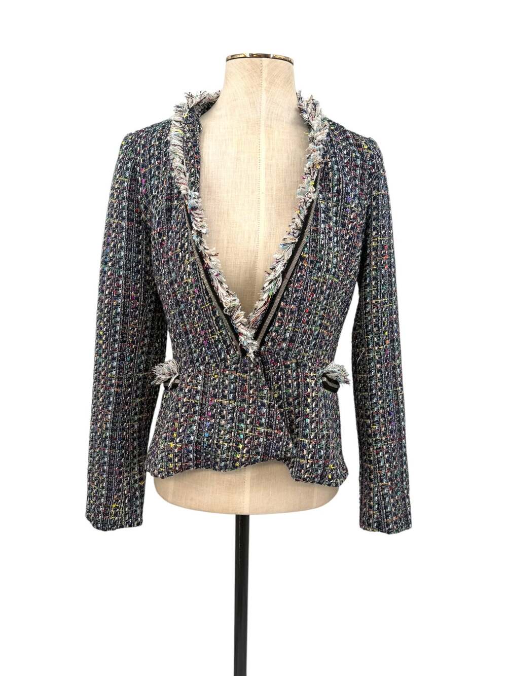 Were All Pretty Girls Multicolor Tweed Fringe Trim Fitted Blazer Jacket Small